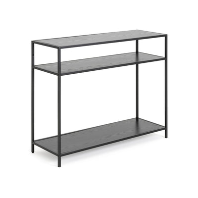 Table console Skeleto 100 x 79, mélaminé noir avec chants en biais – plateau et deux étagères au décor frêne noir