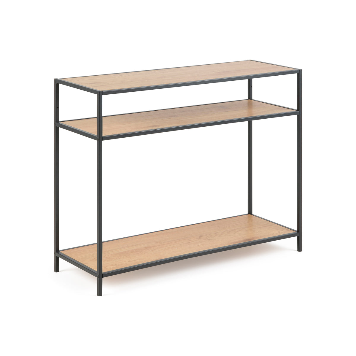Table console Skeleto 100 x 79 « Chêne sauvage » avec bords en biseau – plateau et deux étagères en décor chêne, structure en acier noir