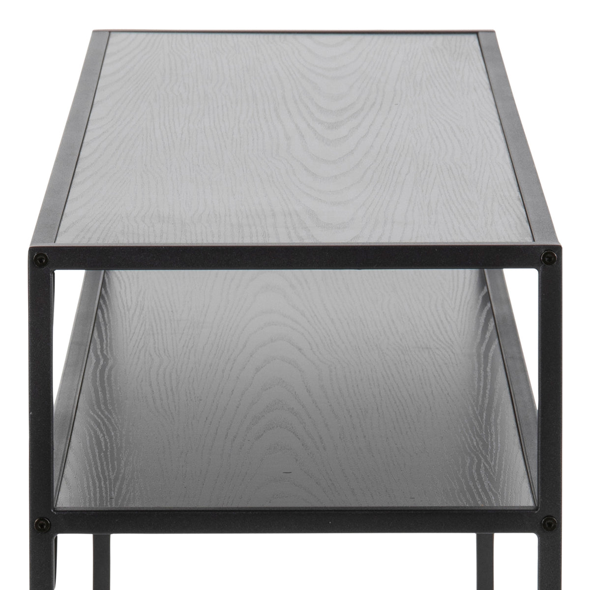 Table console Skeleto 120 x 79, mélamine noire – gros plan sur le grain du frêne noir dans le cadre en acier
