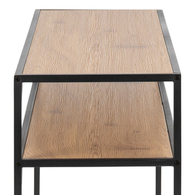 Console Skeleto 120 x 79 « Chêne sauvage » – gros plan sur la texture du décor en chêne du plateau et de l'étagère, ainsi que sur le cadre noir