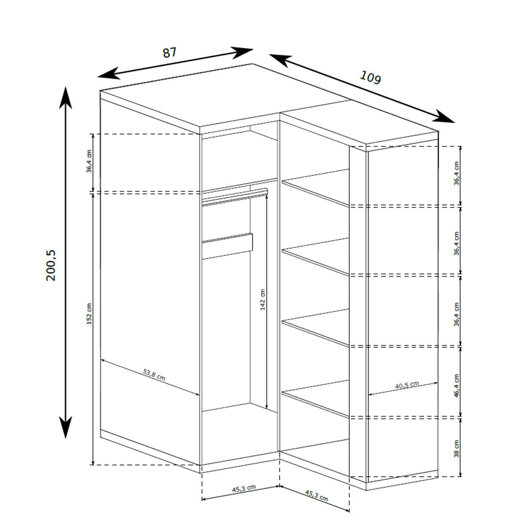 Hoekkledingkast Korin 109x201 – maattekening met breedte, hoogte en diepte