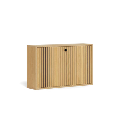 Armoire à chaussures suspendue Bambouz 72 x 43, couleur chêne – vue de profil de la façade à lamelles avec poignée noire