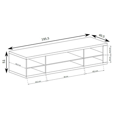 Tv-meubel Korin 196x51 – maattekening met breedte, hoogte en diepte