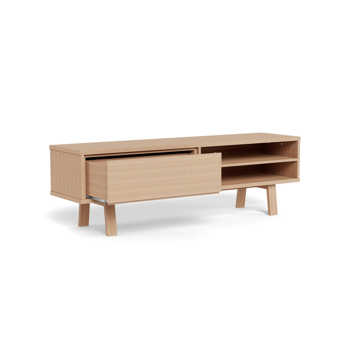 Meuble TV Lurisse 160 x 50, chêne blanchi, avec tiroir à ouverture par pression – meuble TV spacieux pour le salon