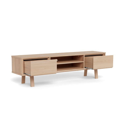 Meuble TV Lurisse 180 x 50, chêne blanchi, avec tiroirs coulissants – meuble TV spacieux doté d'un système « push-to-open »