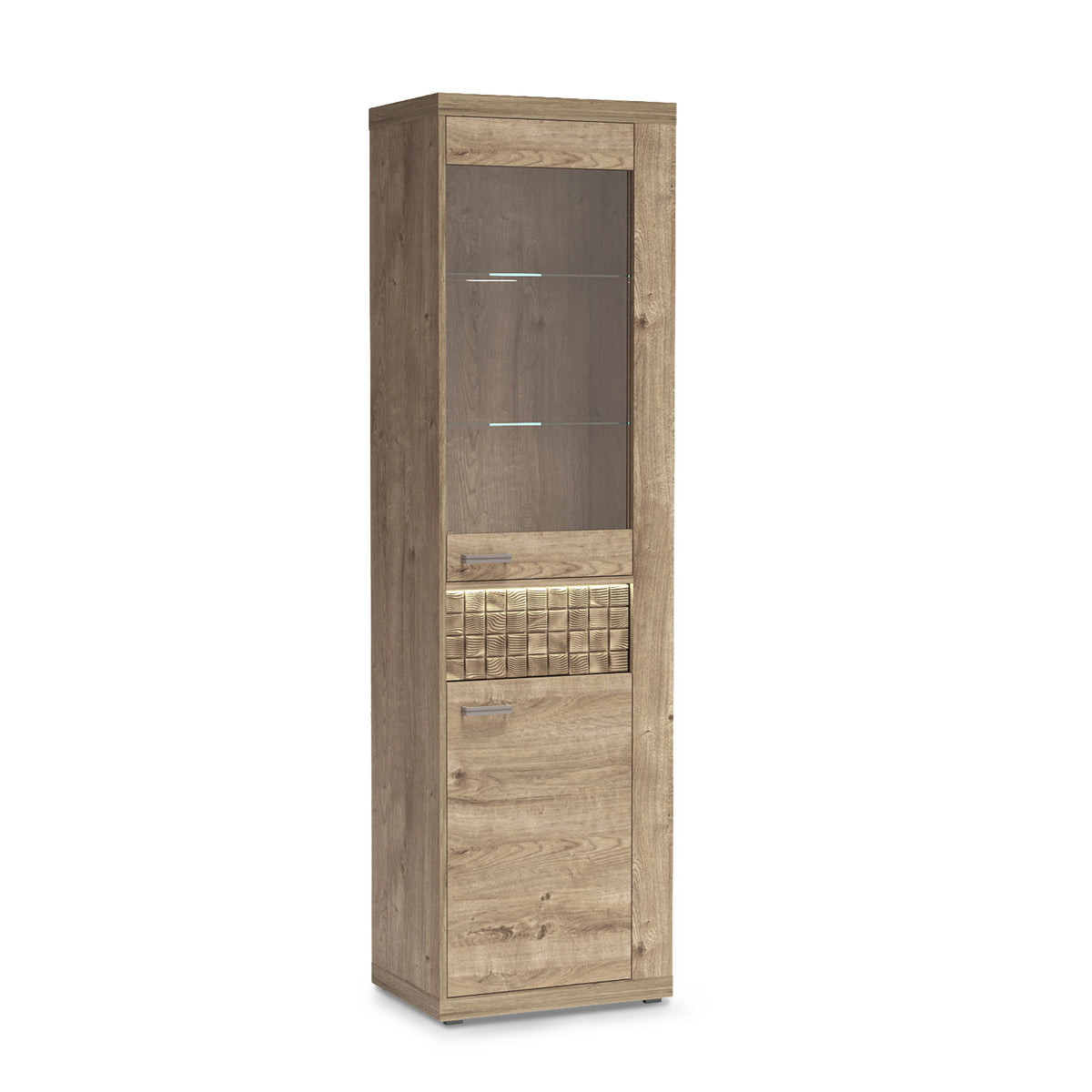 Vitrinekast Korin 201x57 met LED – verlichte glazen planken en front, vitrinekast met LED-verlichting