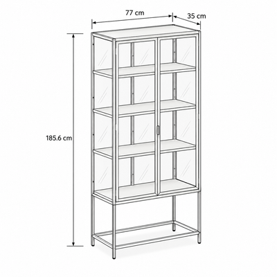 Vitrine Skeleto 77x186 – maatschets met breedte, hoogte en diepte