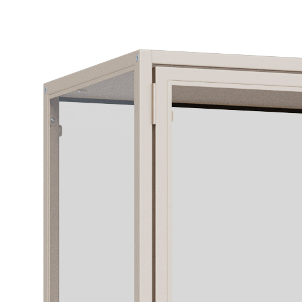 Vitrine Skeleto 77x186 grijze melamine – detail van de hoek van het frame en het scharnier van de deur met gehard glas
