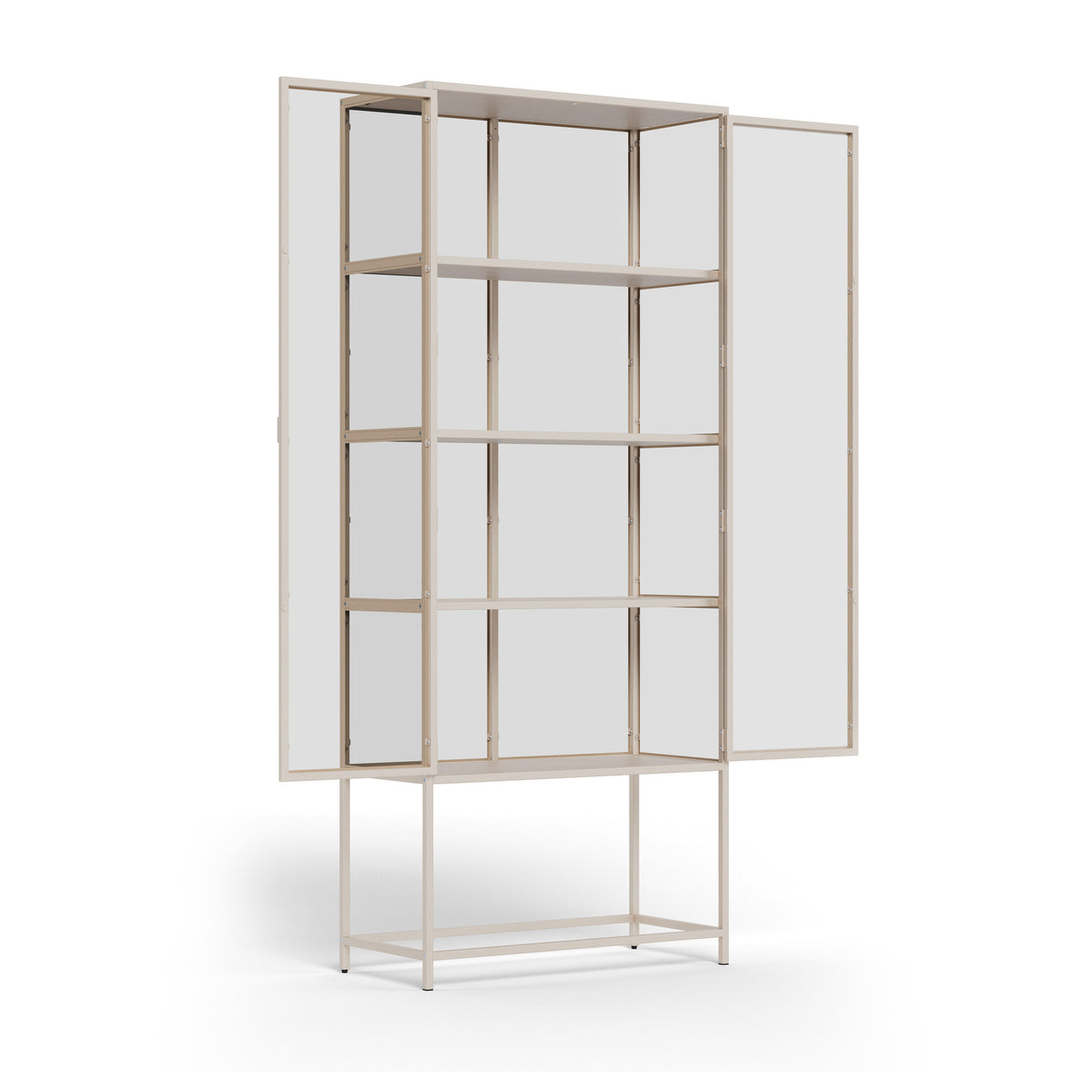 Vitrine Skeleto 77x186 grijze melamine met open deuren – vier planken binnenin, vitrine met glazen deuren