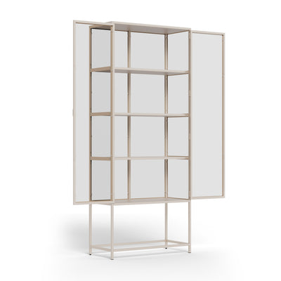 Vitrine Skeleto 77x186 grijze melamine met open deuren – vier planken binnenin, vitrine met glazen deuren