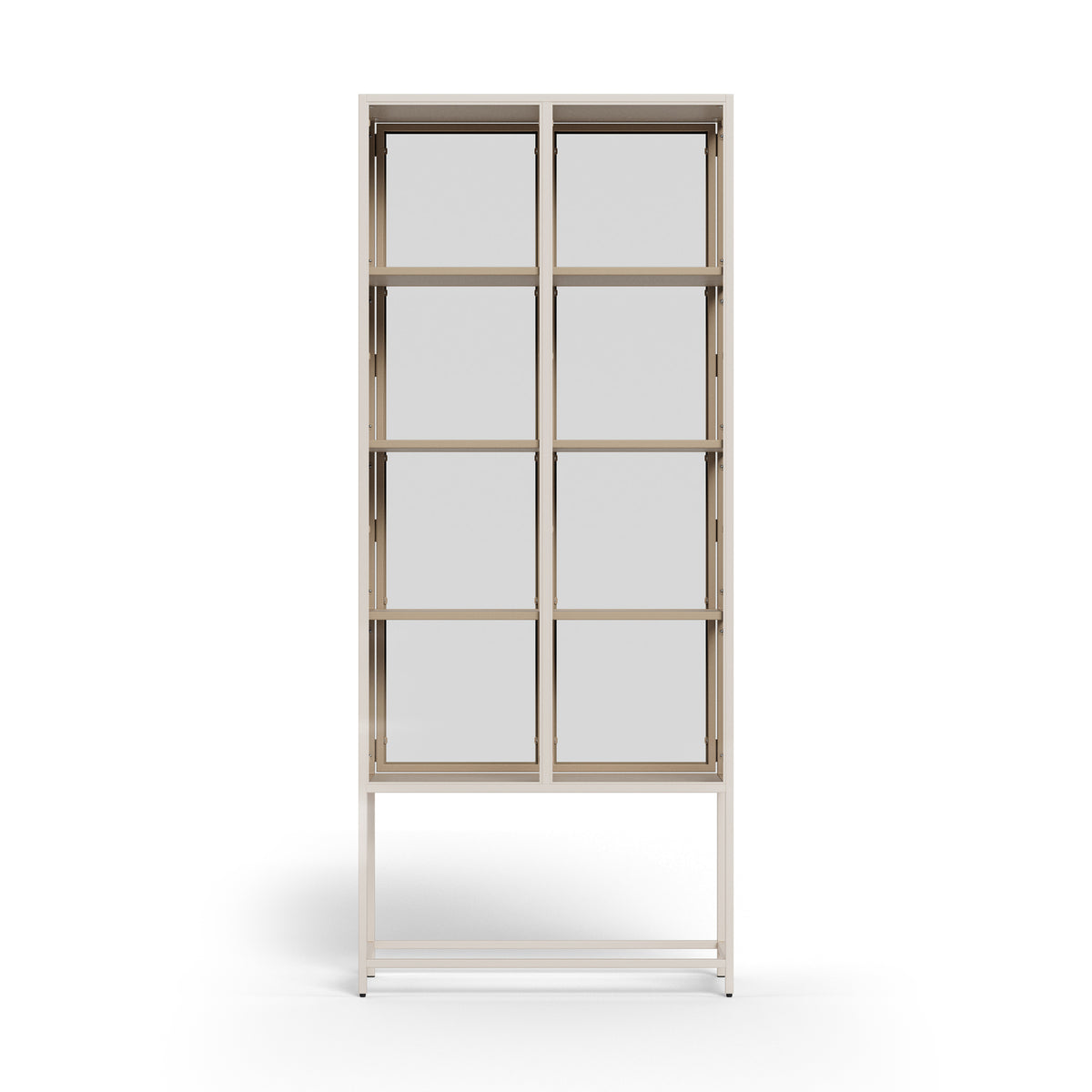 Vitrine Skeleto 77x186 grijze melamine, vooraanzicht – twee glazen deuren en een stalen frame in industriële stijl