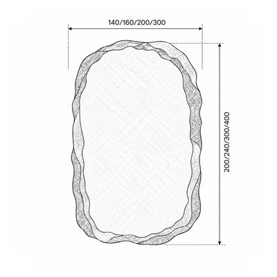 Groti-tapijt van handgetufte wol met een onregelmatig patroon in natuurlijke stijl - tekening met afmetingen