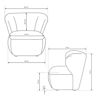 Olemo Armchair 82x74 cm, Japandi Style – dimensions drawing