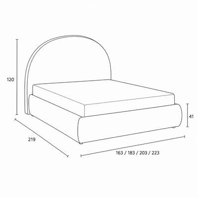 Orizo Upholstered Ottoman Bed with Storage and a Semicircular Headboard, Modern Style – dimensions drawing