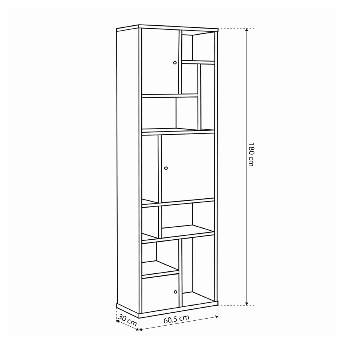 Asymo Wooden Bookcase 61x180 with Closed Shelves – dimensions drawing