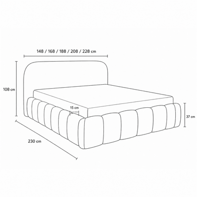 Tegell Upholstered Ottoman Bed with Storage, Modern Soft Style, Monte Fabric – dimensions drawing