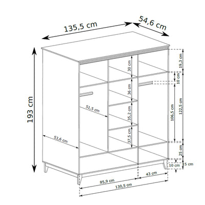 Serena Wardrobe with Mirror 136x193 with 3 Doors, Modern Classic Style – dimensions drawing