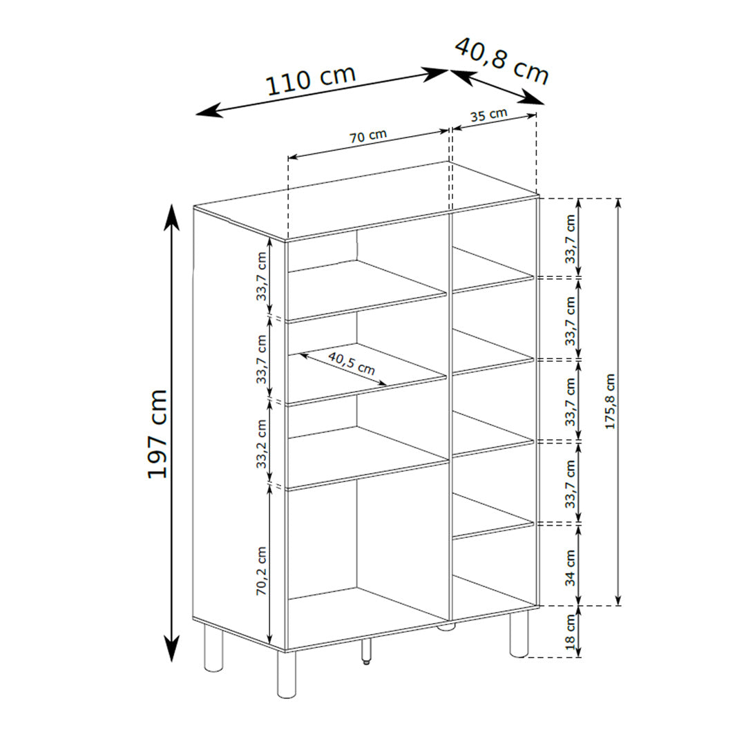 Fjord Bookcase 110x197 with Open Shelves and 3 Drawers, Scandinavian Style – dimensions drawing