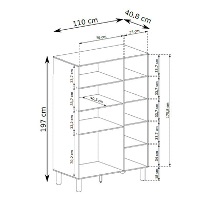 Fjord Bookcase 110x197 with Open Shelves and 3 Drawers, Scandinavian Style – dimensions drawing