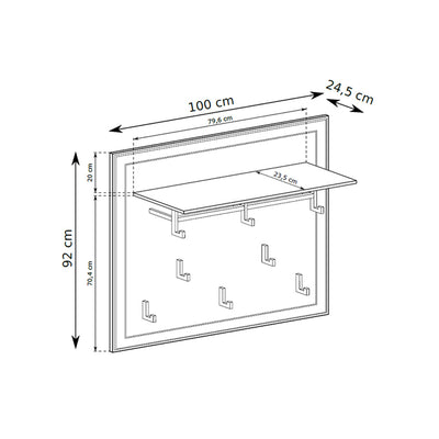 Serena Wall Panel 100x92 with Hooks and Shelf, Classic Style – dimensions drawing