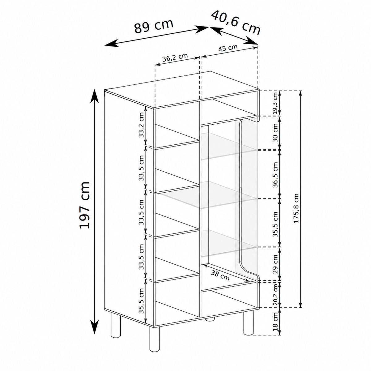 Fjord Tall Display Cabinet 89x197 with Glass Front, Scandinavian Style – dimensions drawing