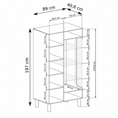 Fjord Tall Display Cabinet 89x197 with Glass Front, Scandinavian Style – dimensions drawing