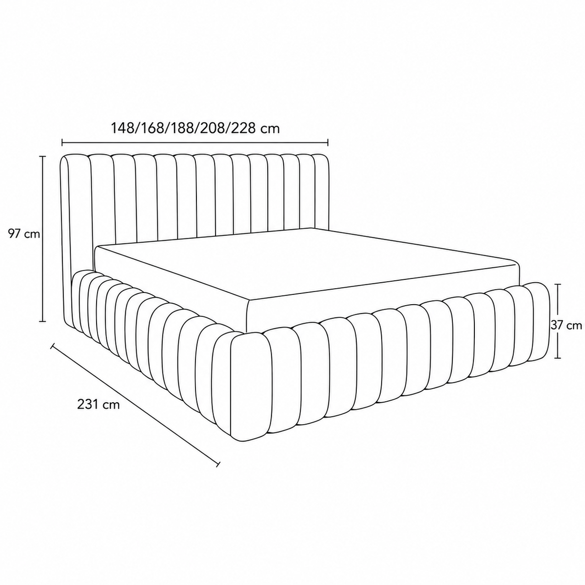 Pastel Upholstered Ottoman Bed with Storage, Modern Soft Style, Coral Fabric – dimensions drawing