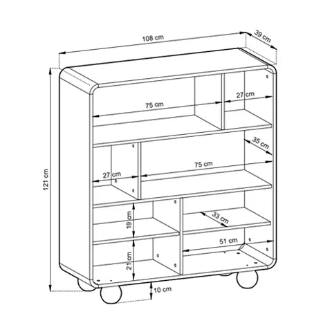 Ballo Bookcase 108x121, Japandi Style – dimensions drawing
