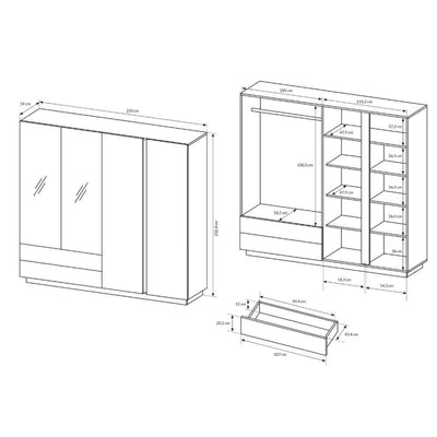 Armelia 4-door Wardrobe 220x202 cm, Modern Style – dimensions drawing